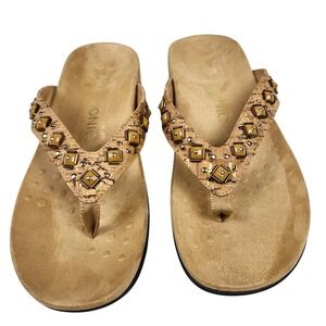 Vionic Floriana Sandals Womens 9 Tan Cork Beaded Orthotic Thong Flip Flops